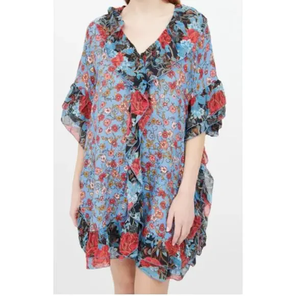 See By Chloe Floral Print Silk Caftan Dress Sz 38 6 Blue Dream Cottagecore Boho - Picture 1 of 16